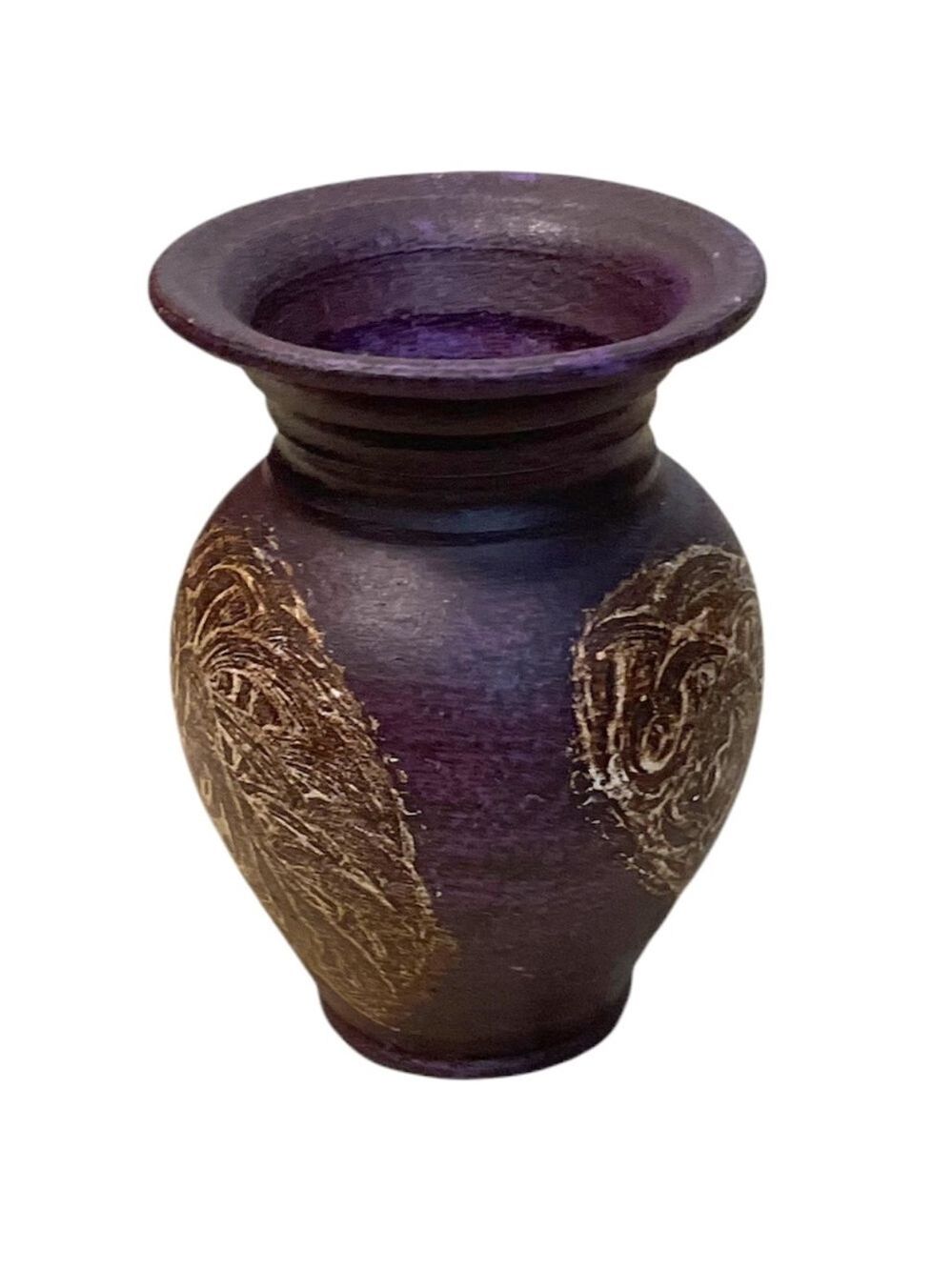 Vintage‎ Hand Painted Incised Floral DesignPottery Clay Vase